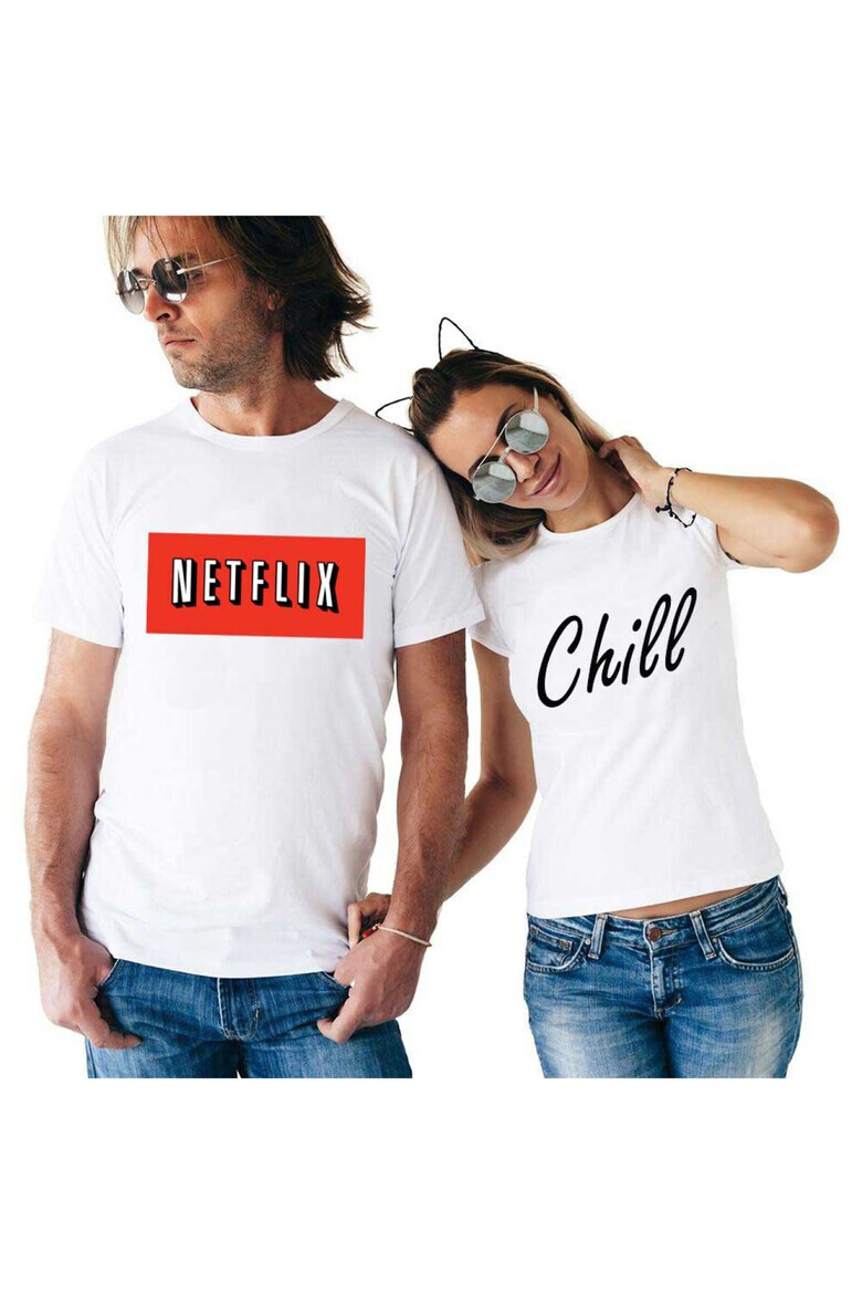 THEICONIC Set doua tricouri albe pentru cupluri - Netflix & Chill - Pled.ro