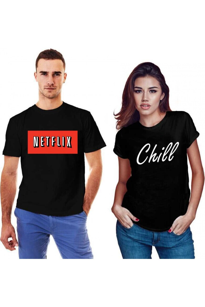 THEICONIC Set doua tricouri negre pentru cupluri - Netflix & Chill - Pled.ro