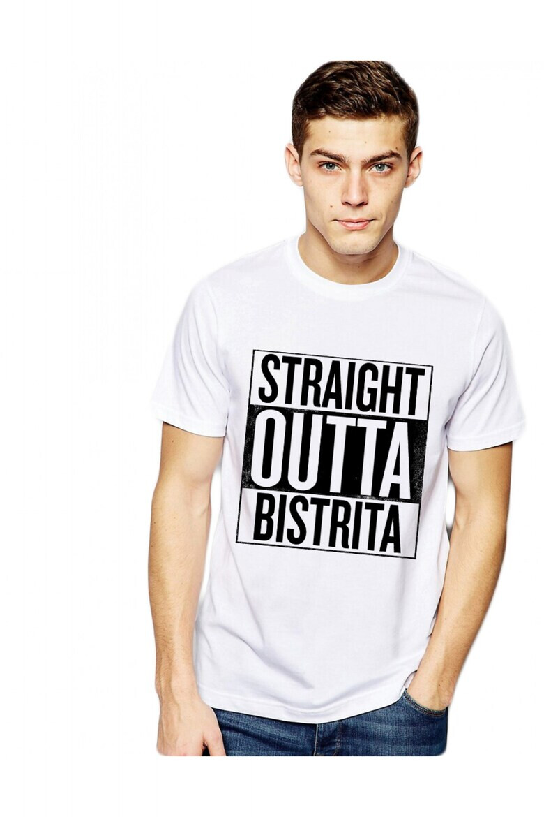 THEICONIC Tricou alb barbati - Straight Outta Bistrita - Pled.ro