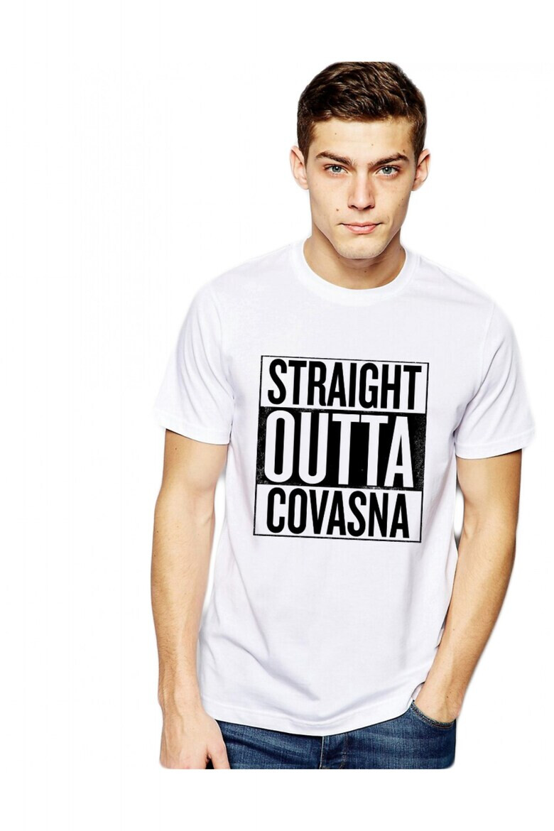 THEICONIC Tricou alb barbati - Straight Outta Covasna - Pled.ro