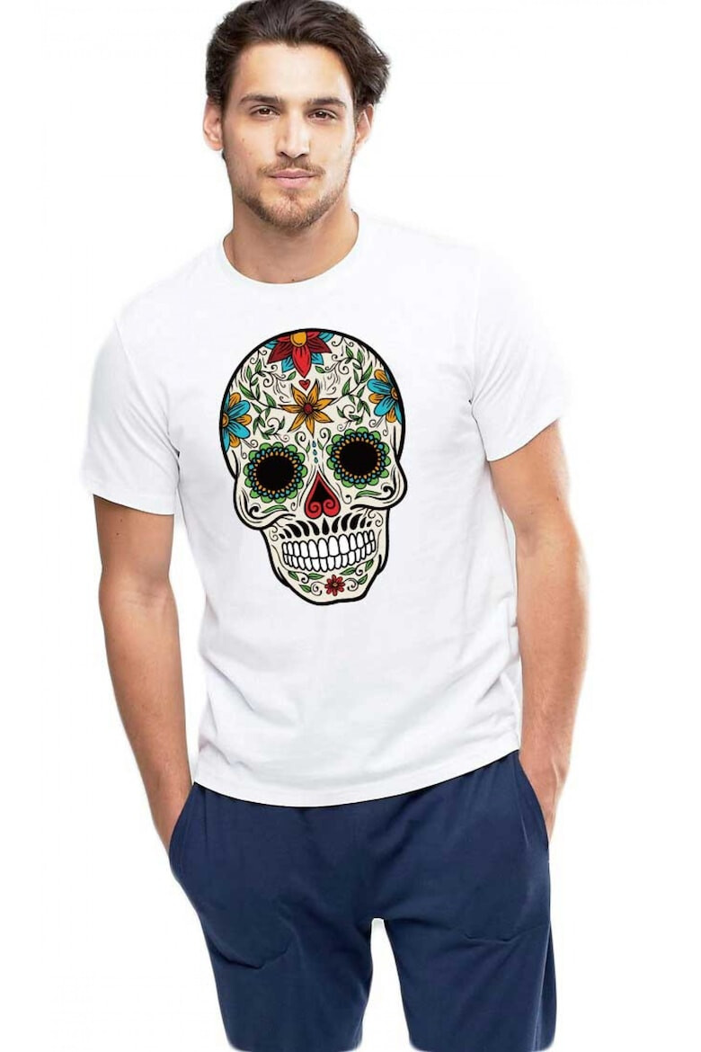 THEICONIC Tricou barbati alb - Sugar Skull Colorful - Pled.ro