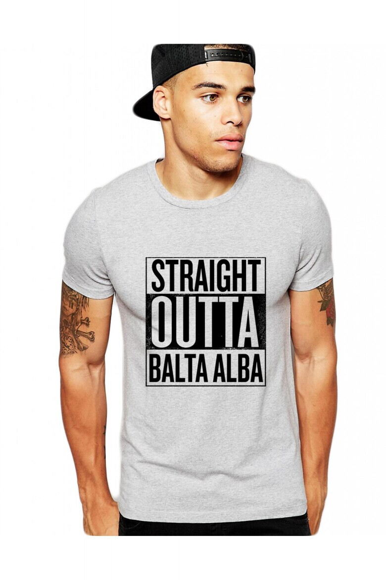 THEICONIC Tricou barbati gri cu text negru - Straight Outta Balta Alba - Pled.ro