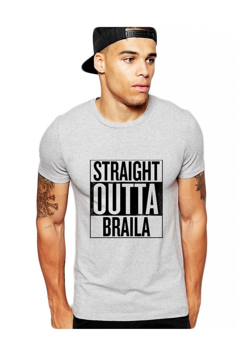 THEICONIC Tricou barbati gri cu text negru - Straight Outta Braila - Pled.ro