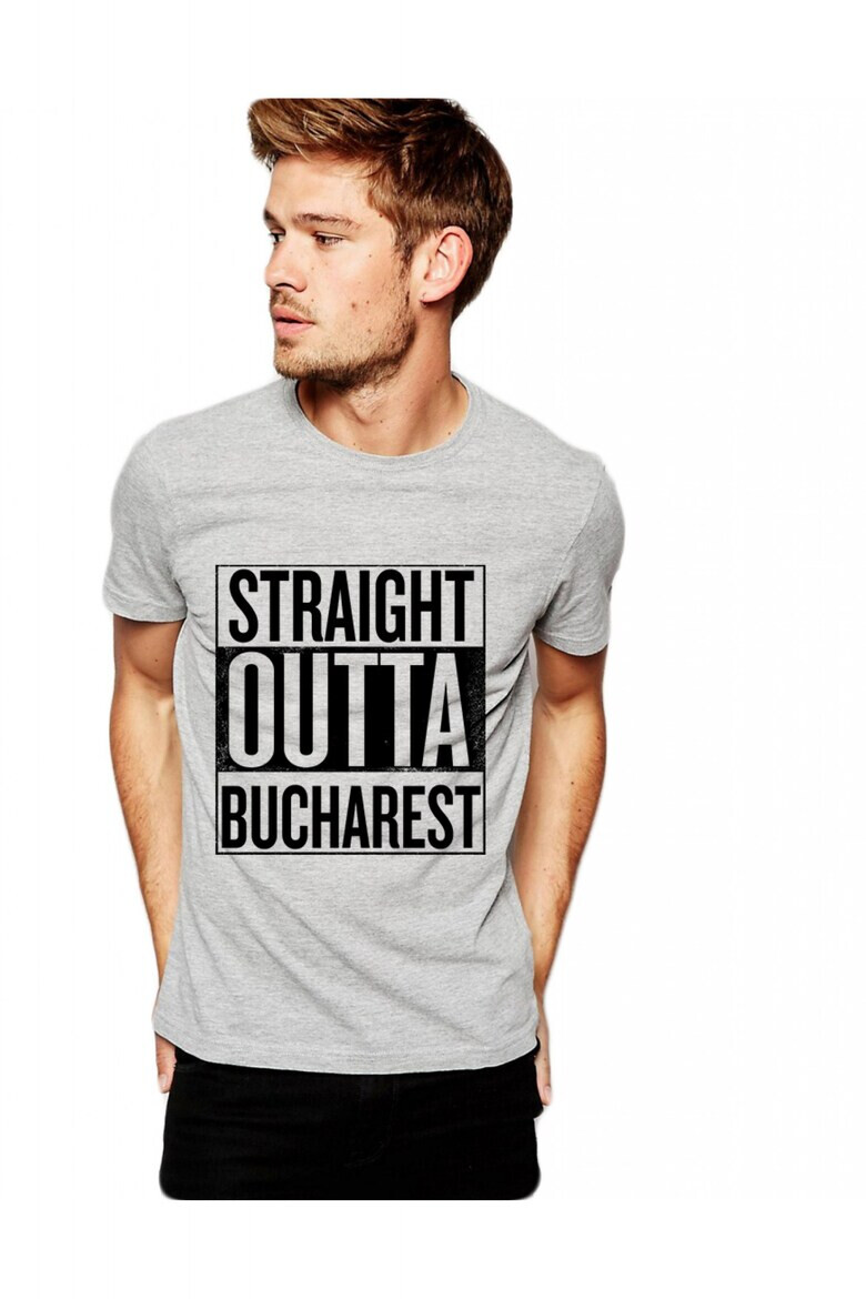 THEICONIC Tricou barbati gri cu text negru - Straight Outta Bucuresti - Pled.ro