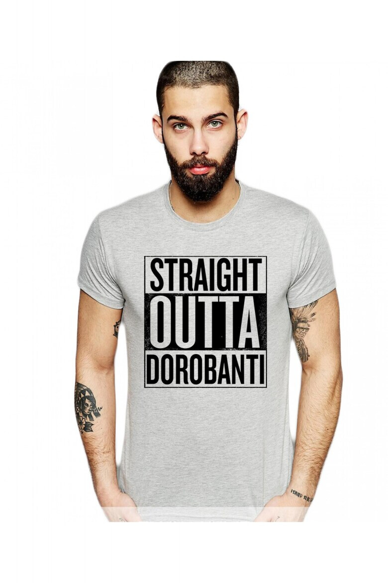 THEICONIC Tricou barbati gri cu text negru - Straight Outta Dorobanti - Pled.ro