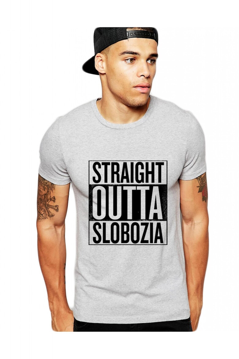 THEICONIC Tricou barbati gri cu text negru - Straight Outta Slobozia - Pled.ro