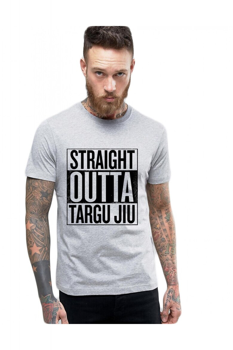 THEICONIC Tricou barbati gri cu text negru - Straight Outta Targu Jiu - Pled.ro