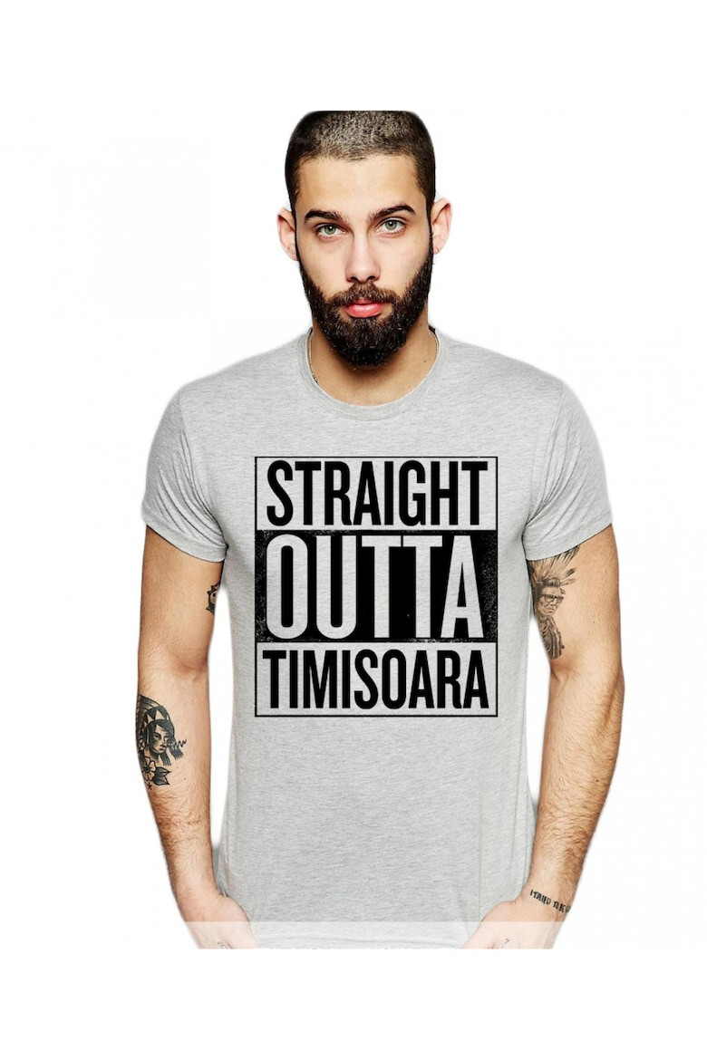 THEICONIC Tricou barbati gri cu text negru - Straight Outta Timisoara - Pled.ro