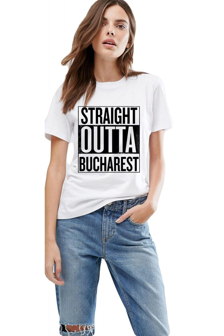 THEICONIC Tricou dama alb - Straight Outta Bucuresti - Pled.ro