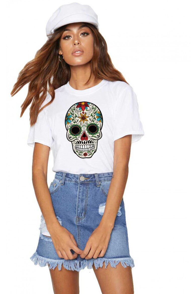 THEICONIC Tricou dama alb - Sugar Skull Colorful - Pled.ro