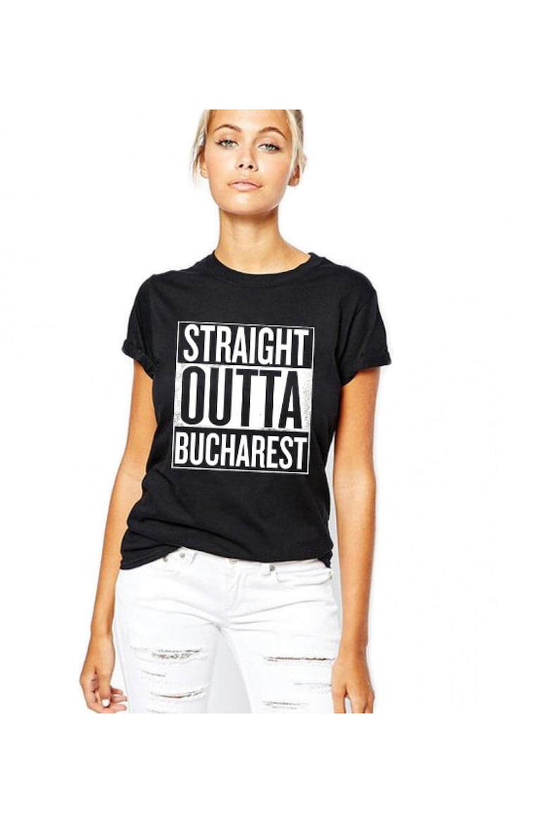 THEICONIC Tricou dama negru - Straight Outta Bucuresti - Pled.ro