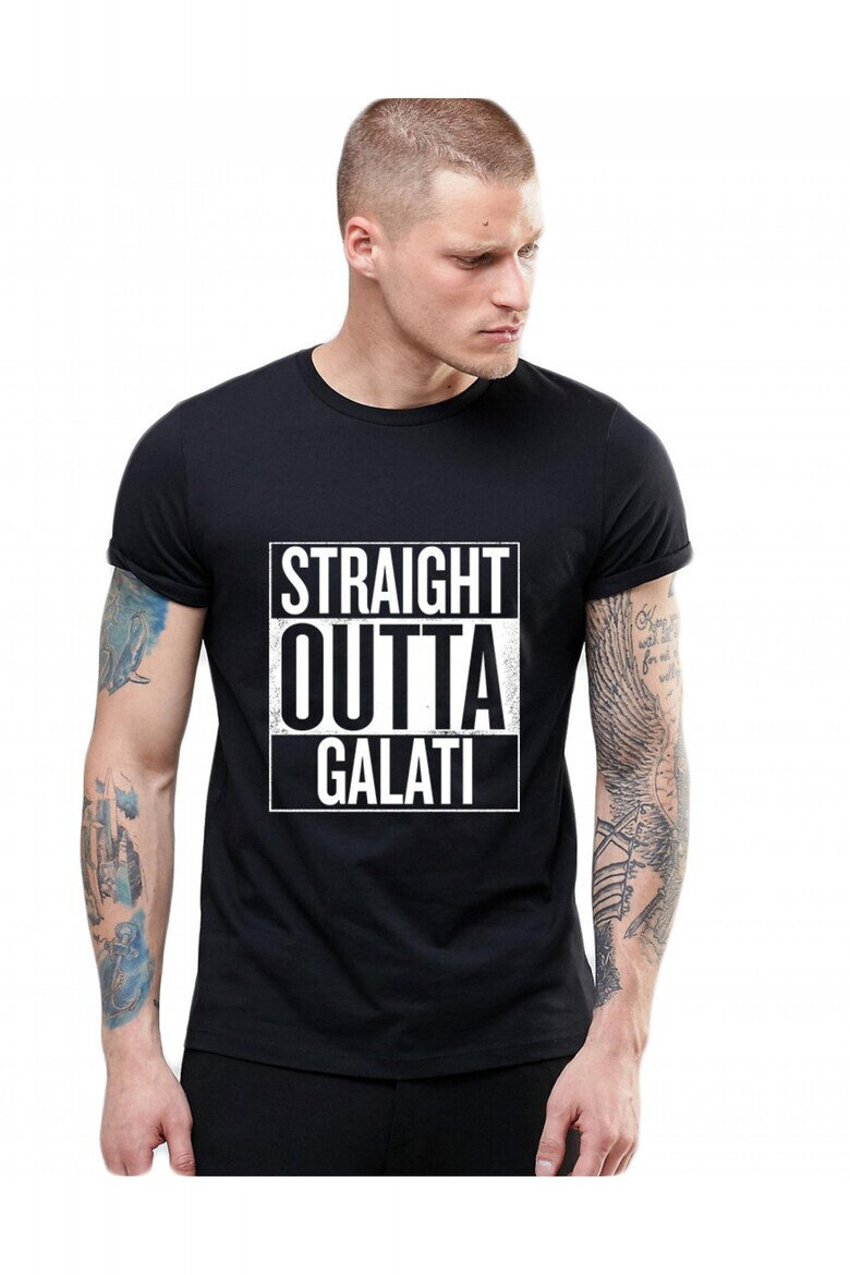 THEICONIC Tricou negru barbati - Straight Outta Galati - Pled.ro