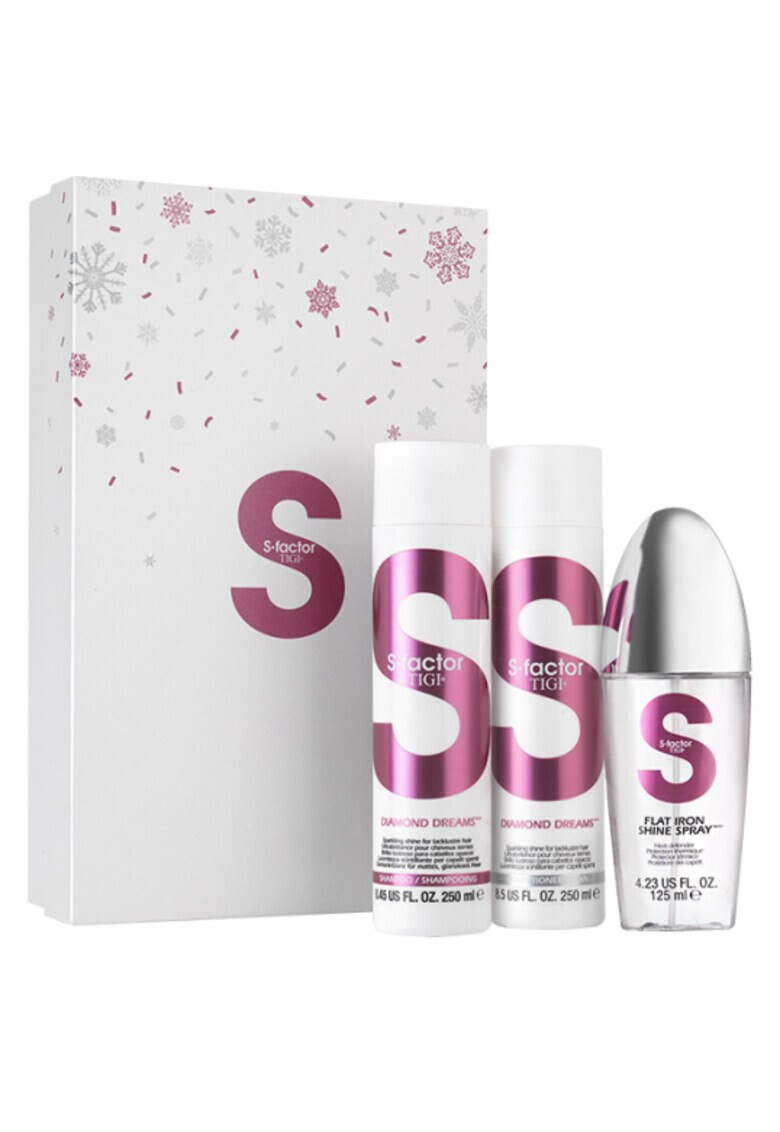 Tigi Set ingrijire par S Factor Diamond Shine: Sampon 250 ml Balsam 250 ml Spray pentru protectie termica 125 ml - Pled.ro