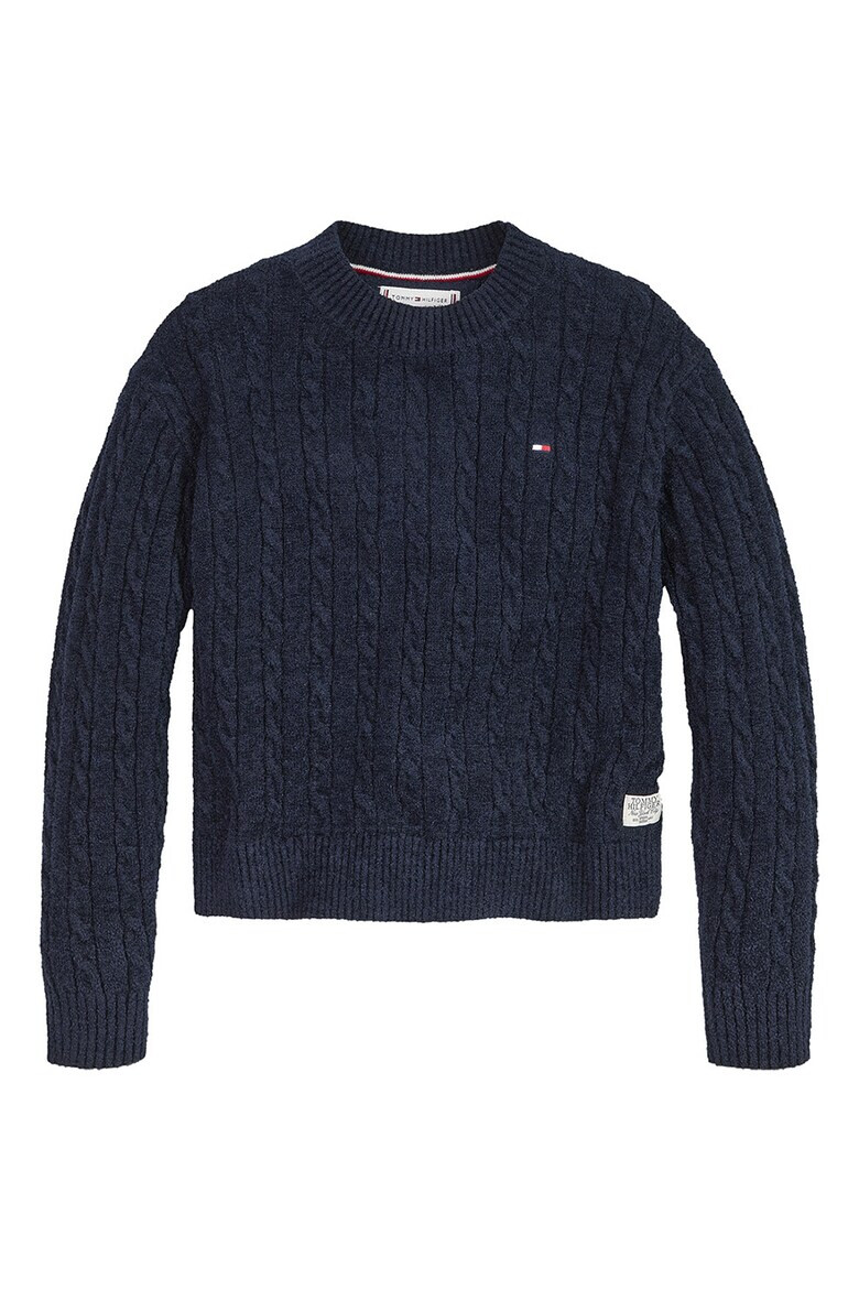 Tommy Hilfiger Pulover din bumbac organic cu decolteu la baza gatului si model torsade - Pled.ro