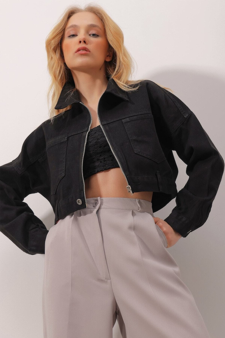 Trend Alaçatı Stili Jacheta Trend Alacati Stili crop-fit cu buzunare negru - Pled.ro