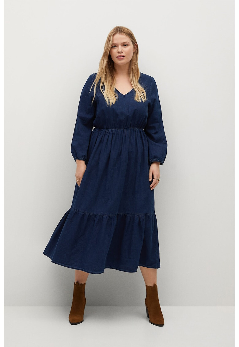 VIOLETA BY MANGO Rochie midi din denim cu detalii cu fronseuri Joelle - Pled.ro