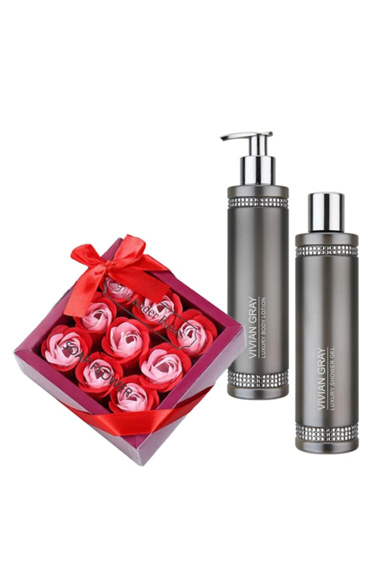 Vivian Gray Set cadou Box of Affection Sapun Lichid Gel de dus Crystals Grey 250 ml + Gel de dus Crystals Grey 250 ml Cutie cu trandafiri sapun - Pled.ro