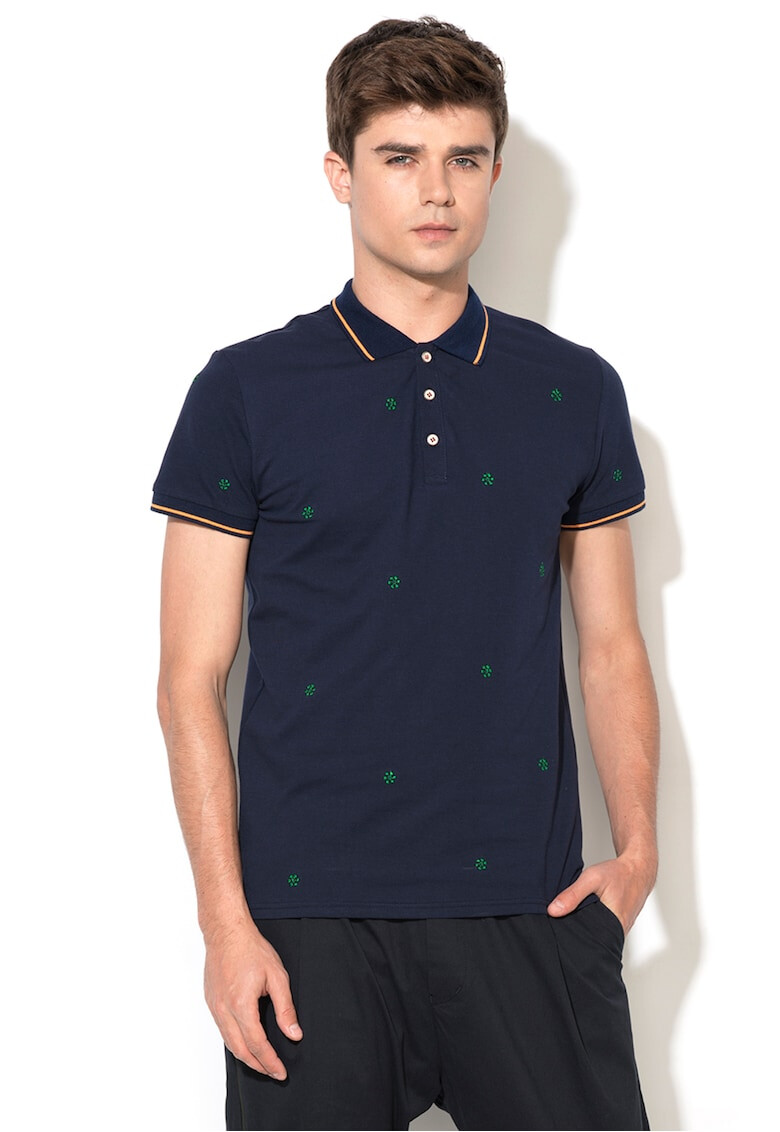 Zee Lane Denim Tricou polo bleumarin din pique cu broderii florale - Pled.ro