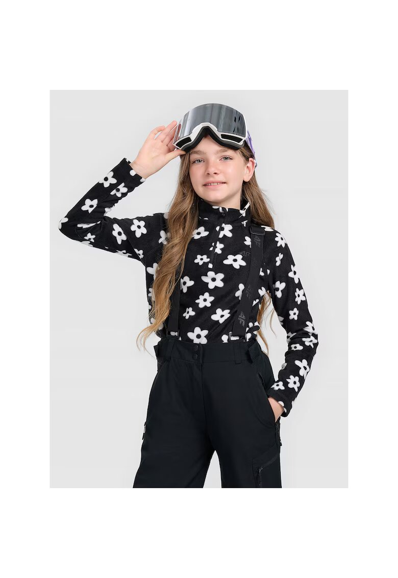4F Bluza sport fete - fleece - negru/alb