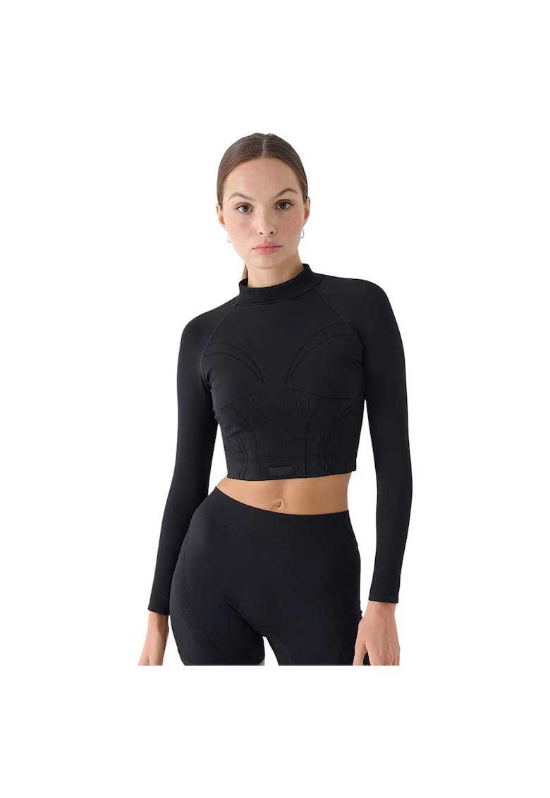 4F Bluza sport maneca lunga - croiala slim - guler ridicat - negru - poliamida -