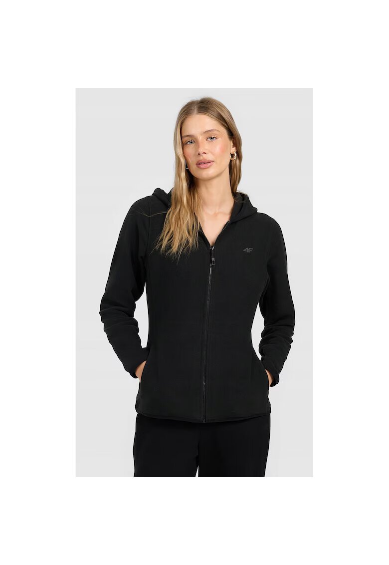 4F Hanorac sport dama - polar slim cu gluga - negru - material subtire - 2 buzunare cu fermoar
