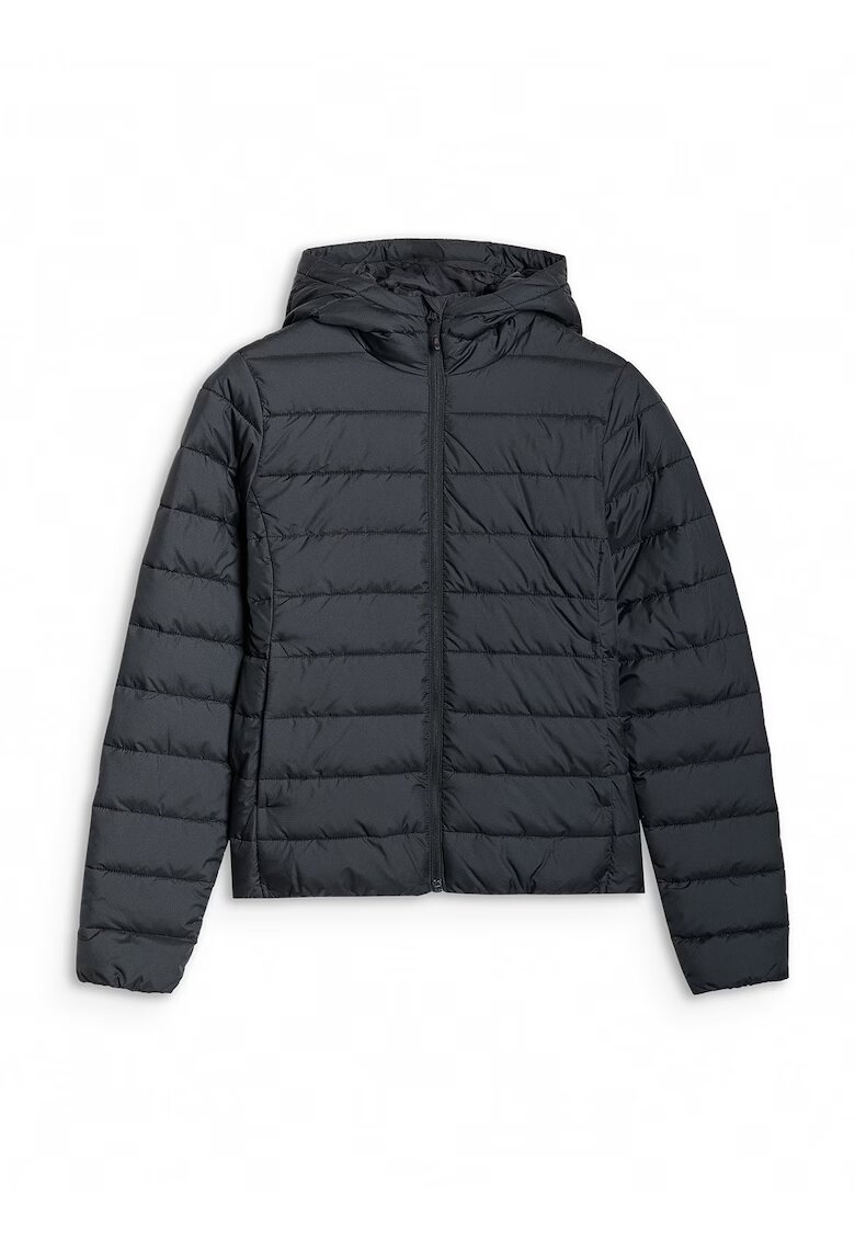 4F Jacheta de puf pentru femei - neagra - umplutura din puf sintetic reciclat - gluga - design usor