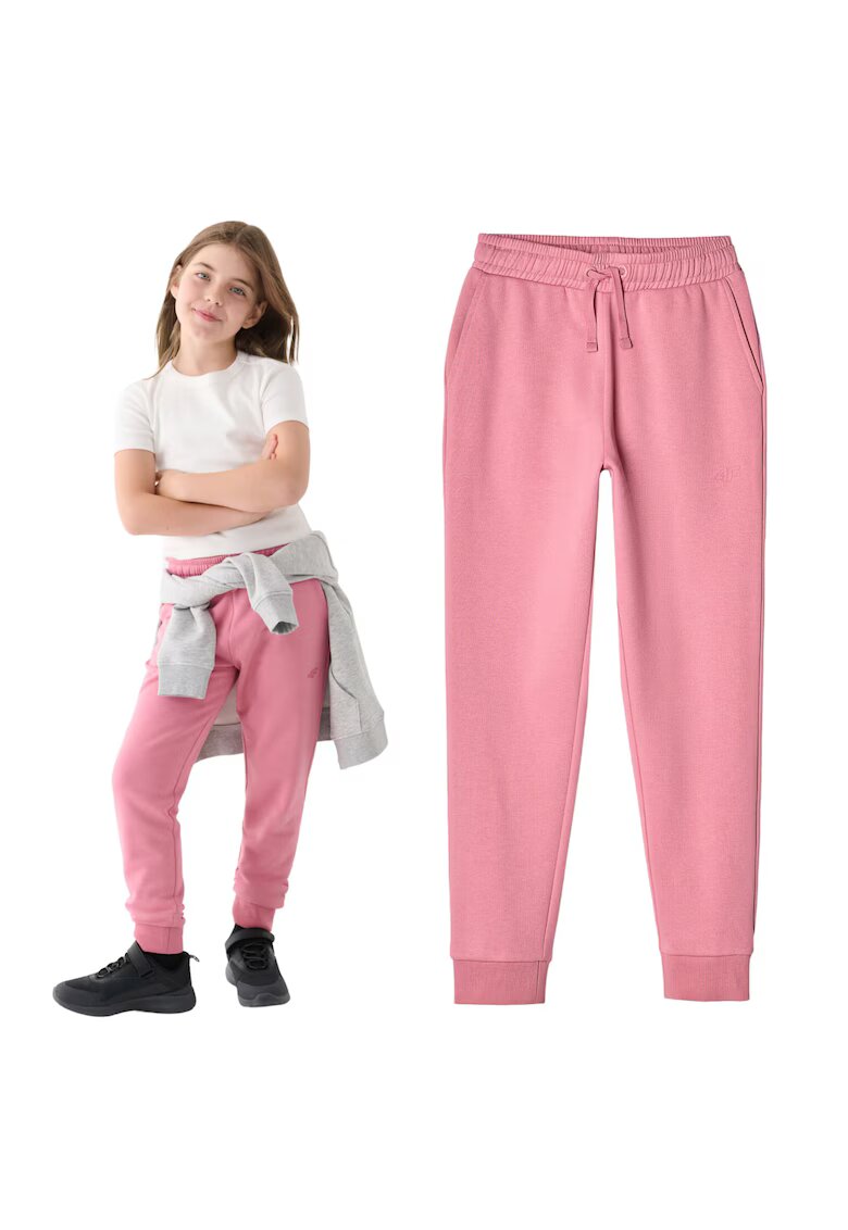 4F Pantaloni sport copii roz - bumbac - set cu buzunare