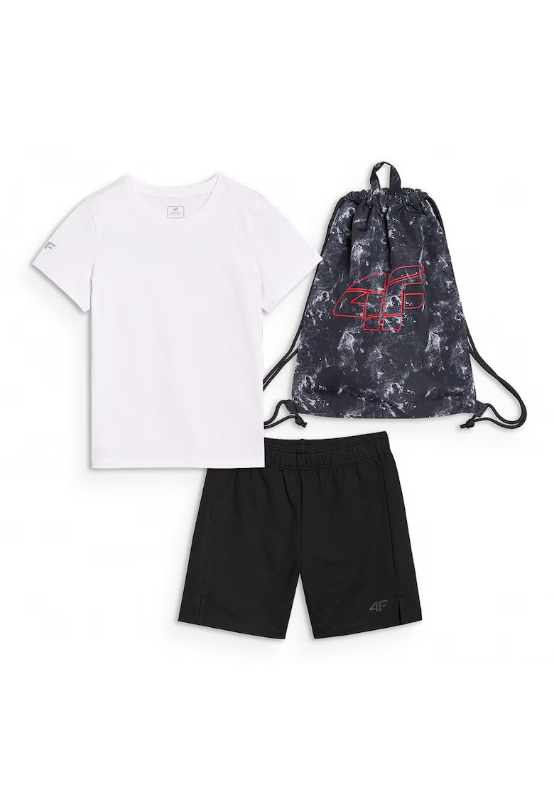 4F Set Sport pentru Baieti Junior: Tricou - Sort - Negru Bumbac - SS25 - Alb/Negru