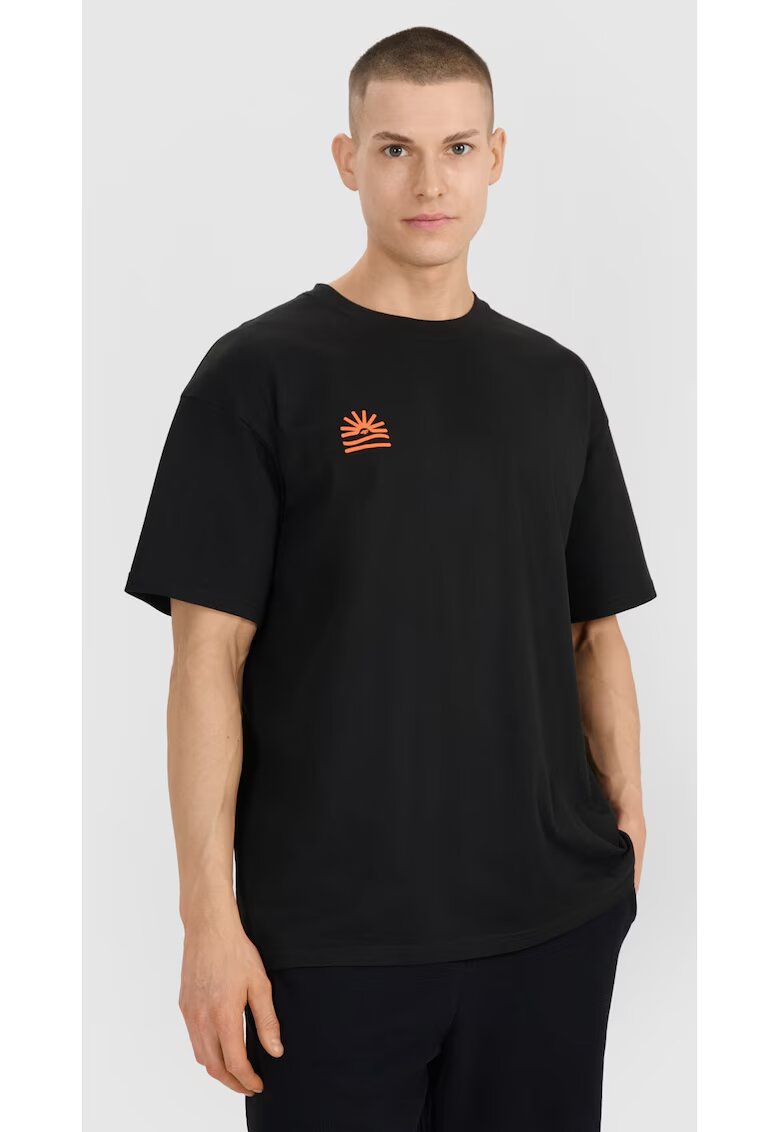4F Tricou barbati croiala supradimensionata - imprimeu distinctiv - negru - bumbac