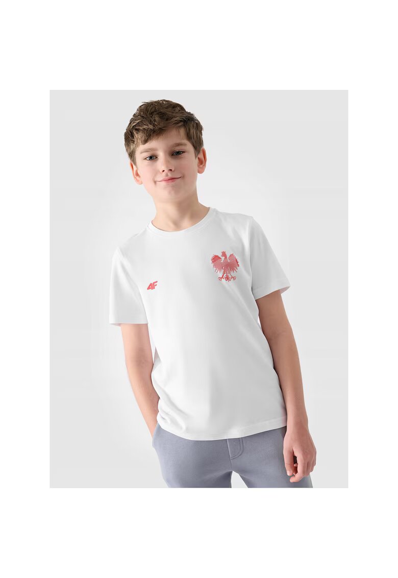 4F Tricou Copii Junior Suporter - Bumbac 100% - Regular Fit - Model Unisex - Imprimeu Vultur - Culoare Neutra - Ideal Sport/Casual