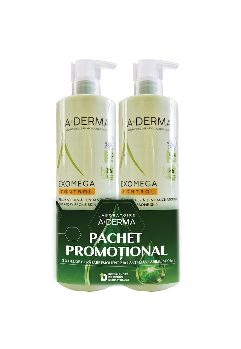 A-Derma Pachet Gel de curatare 2-in-1 Exomega Control piele uscata - atopica 500ml x 2