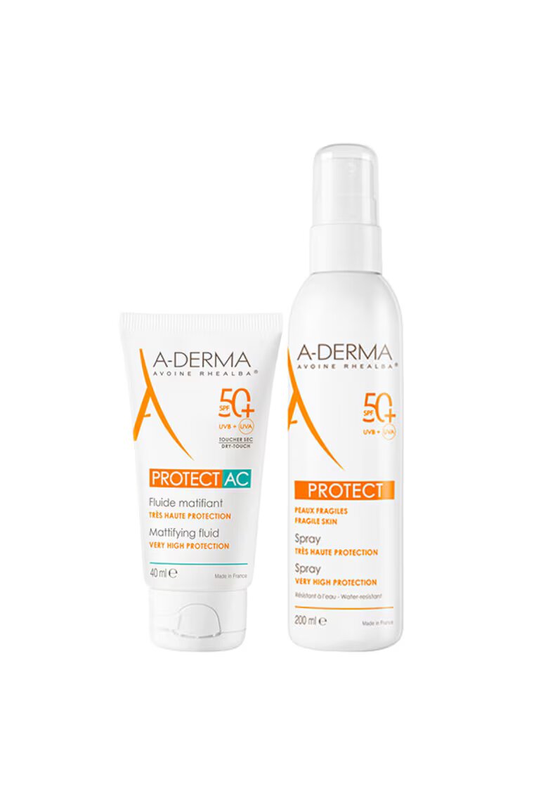 A-Derma Pachet Protect – Fluid matifiant protectie solara Protect AC SPF 50+ 40 ml + Spray protectie solara Protect SPF 50+ 200 ml