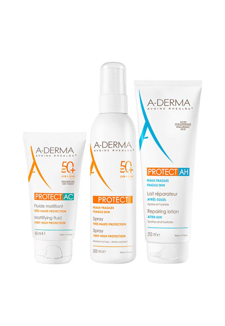 A-Derma Pachet Protect – Fluid matifiant protectie solara SPF 50+ - 40 ml + Spray protectie solara SPF 50+ - 200 ml + Lotiune reparatoare after sun Protect AH - 250 ml