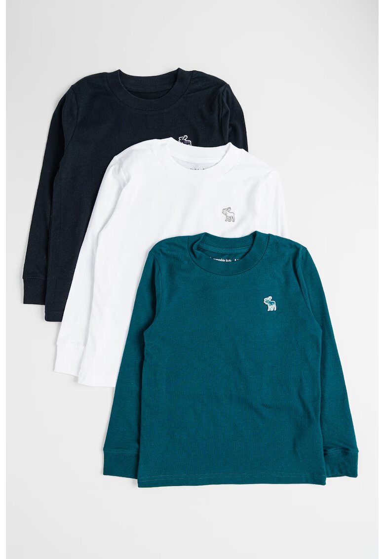 Abercrombie & Fitch Set de bluze din amestec de bumbac cu decolteu la baza gatului - 3 piese - Alb/Verde/Negru