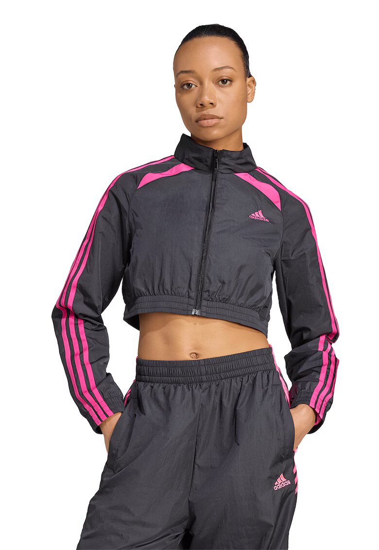 adidas Originals Bluza crop de trening cu fermoar si maneci cu dungi - Roz/Gri antracit