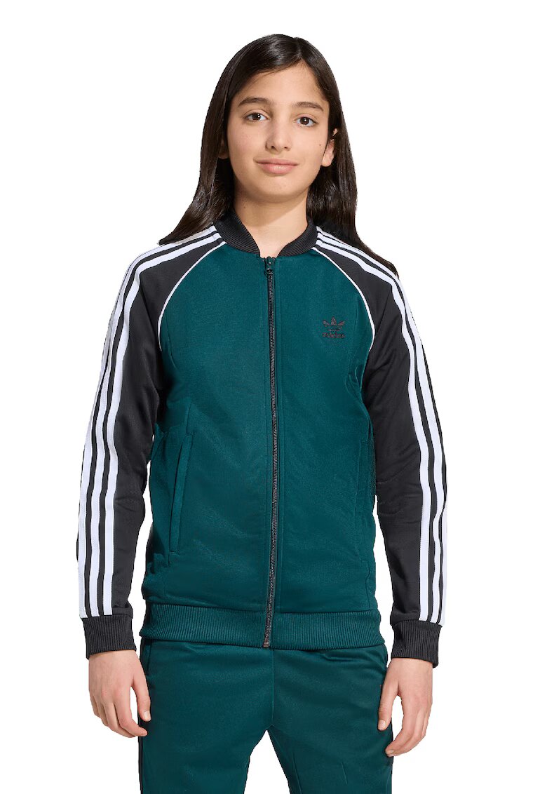 adidas Originals Bluza de trening cu fermoar si broderie logo - Alb/Negru/Verde inchis