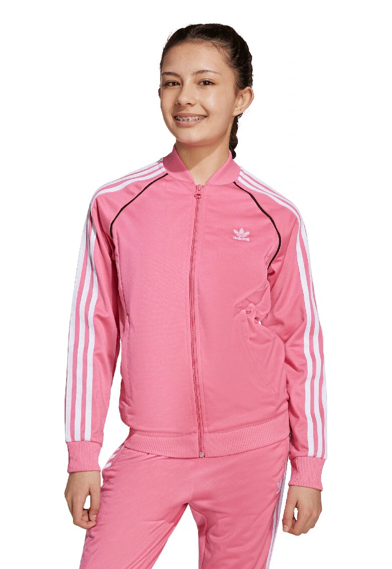 adidas Originals Bluza de trening cu fermoar si broderie logo - Alb/Roz pastel