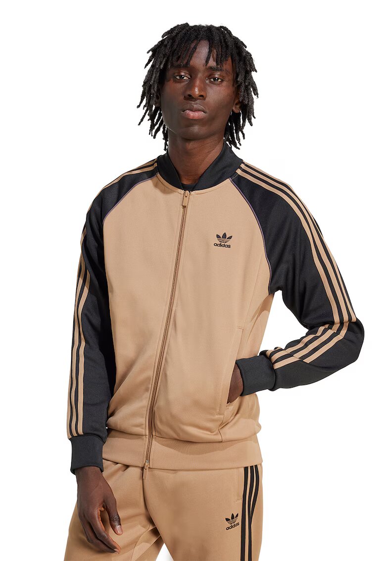 adidas Originals Bluza de trening cu fermoar si logo - Negru/Maro nisip