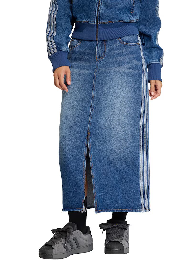 adidas Originals Fusta din denim cu slit frontal si benzi contrastante - Albastru inchis