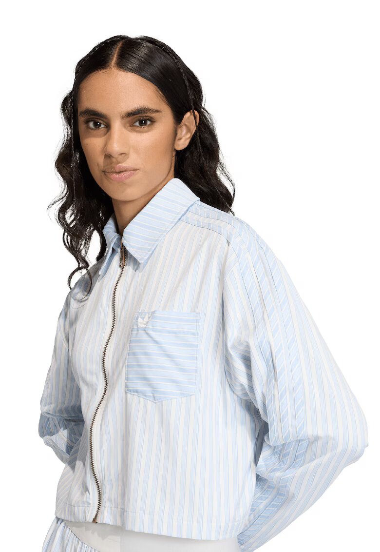 adidas Originals Jacheta-camasa crop cu model in dungi si fermoar - Alb/Albastru glaciar
