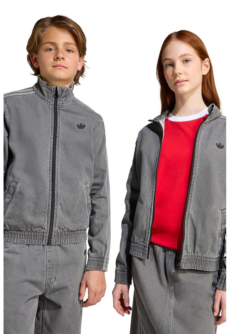 adidas Originals Jacheta unisex din denim cu fermoar si banda elastica in talie - Gri inchis