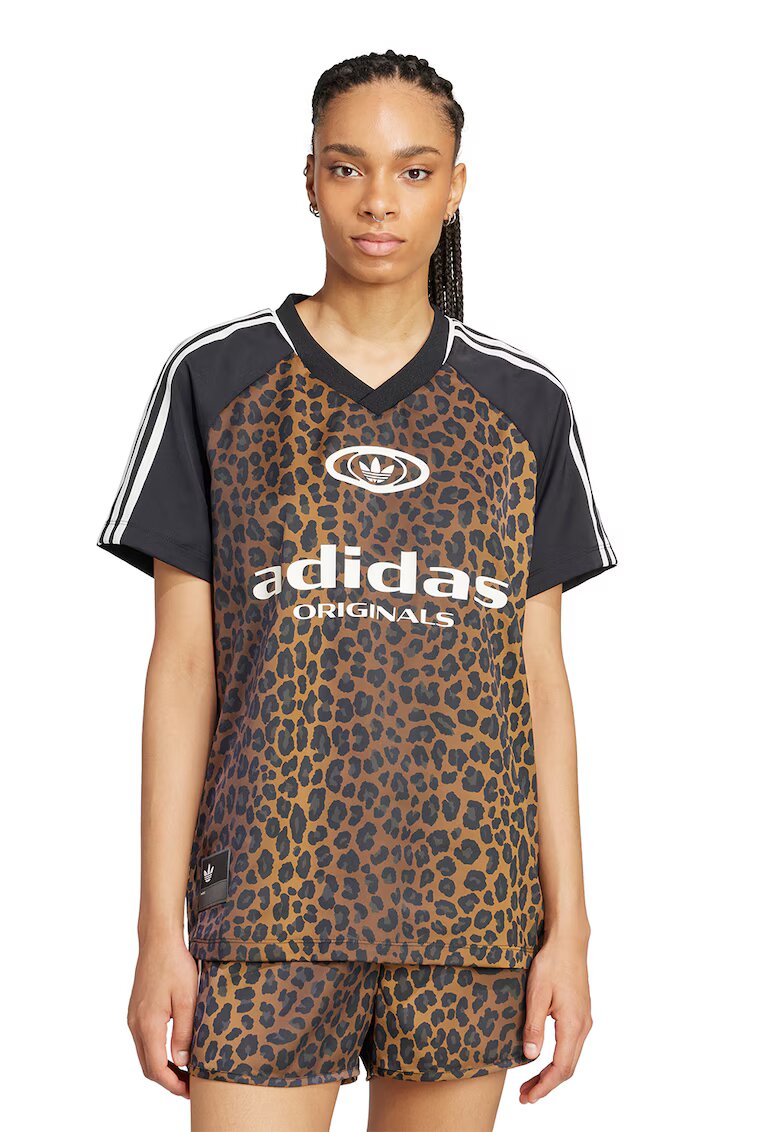 adidas Originals Tricou cu decolteu in V - animal print si imprimeu logo - Alb/Negru/Caramel