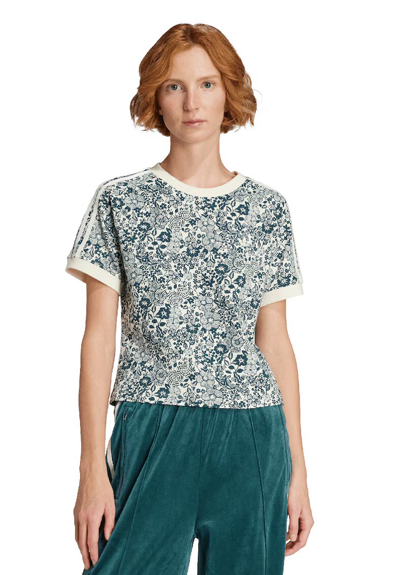 adidas Originals Tricou cu model floral - Alb fildes/Albastru petrol