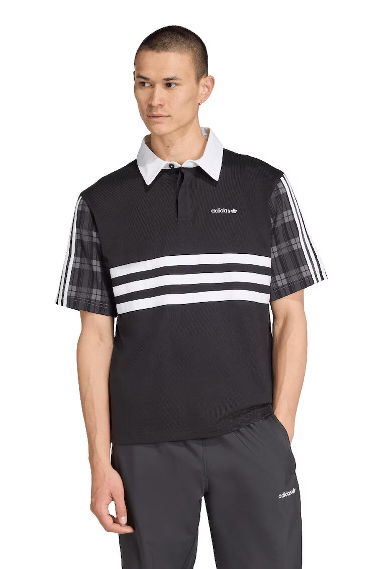 adidas Originals Tricou polo cu maneci cu model in carouri si model 2-in-1 - Alb/Negru