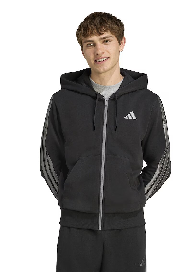ADIDAS SPORTSWEAR Hanorac cu fermoar si benzi logo laterale - Negru stins/Argintiu