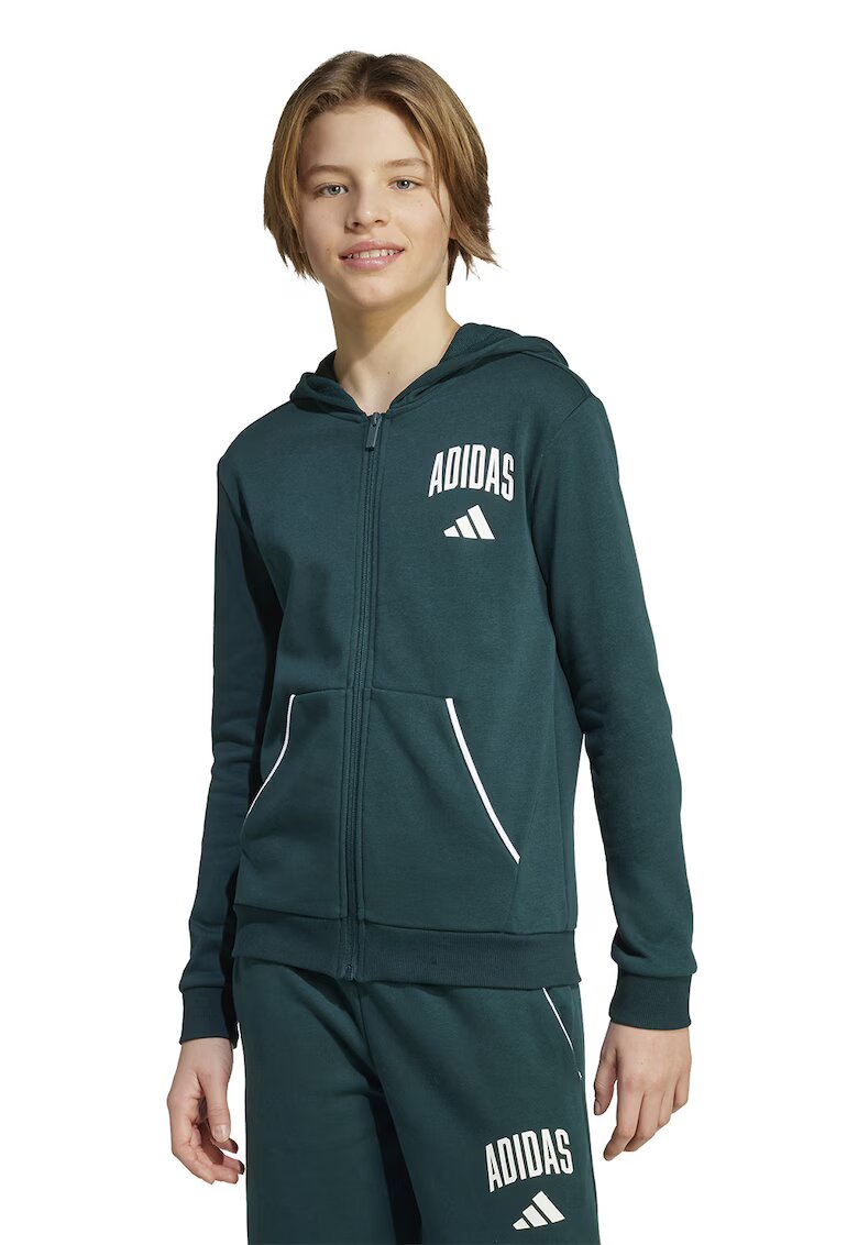 ADIDAS SPORTSWEAR Hanorac din amestec de bumbac cu logo - Alb/Verde inchis