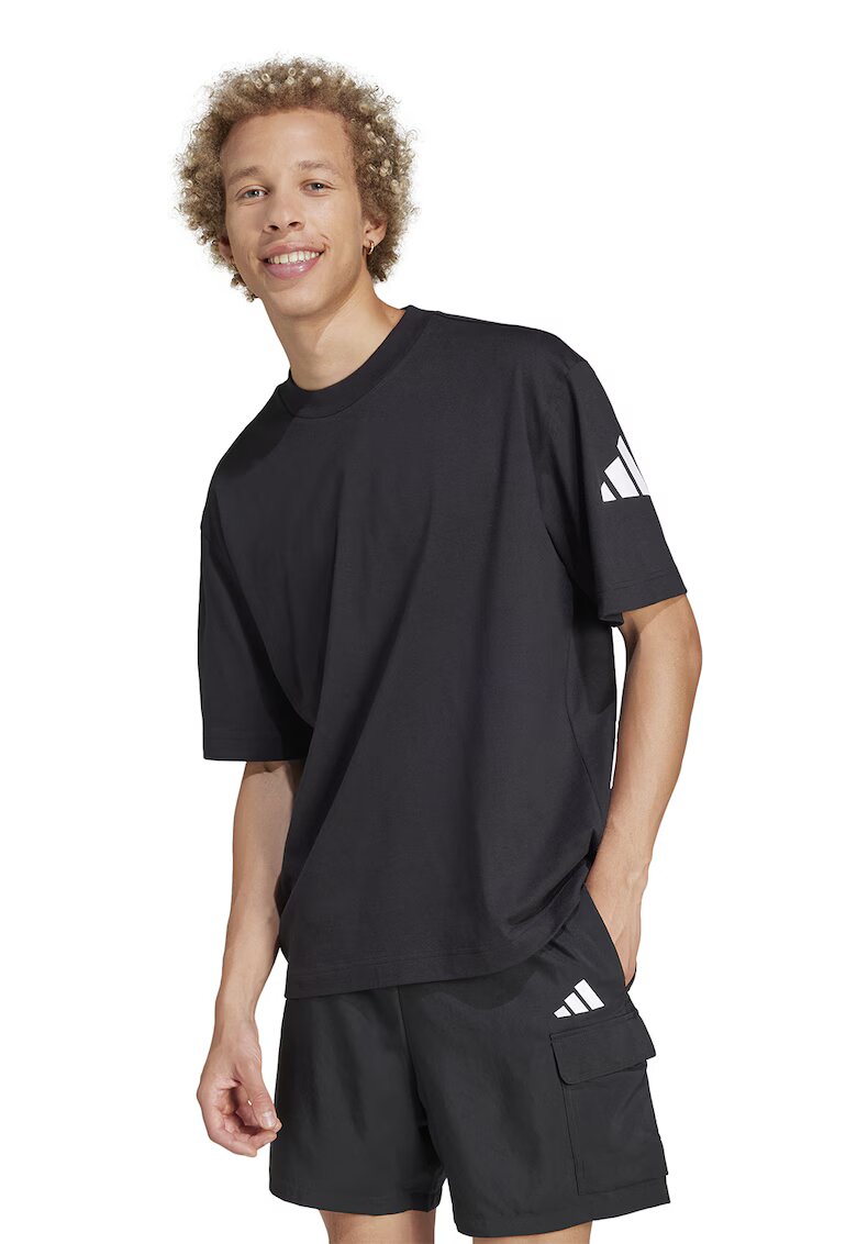 ADIDAS SPORTSWEAR Tricou cu decolteu la baza gatului si detaliu cu logo pe maneci - Alb/Negru