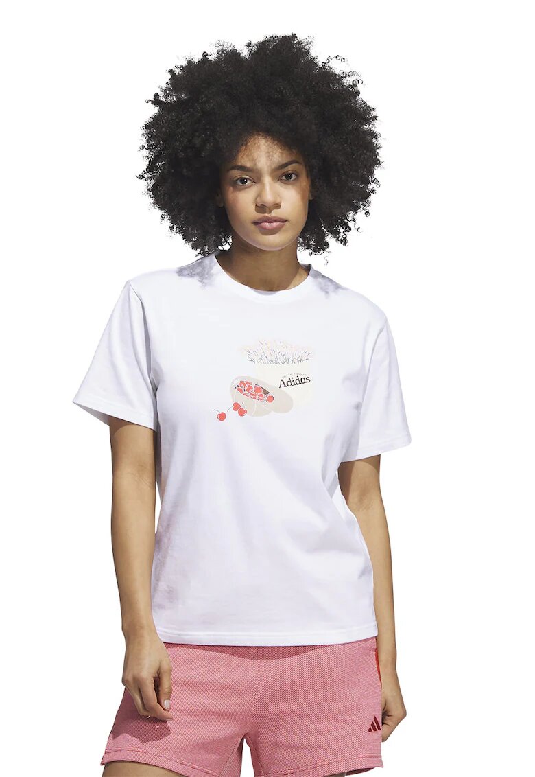 ADIDAS SPORTSWEAR Tricou cu decolteu la baza gatului si imprimeu - Alb/Piersica