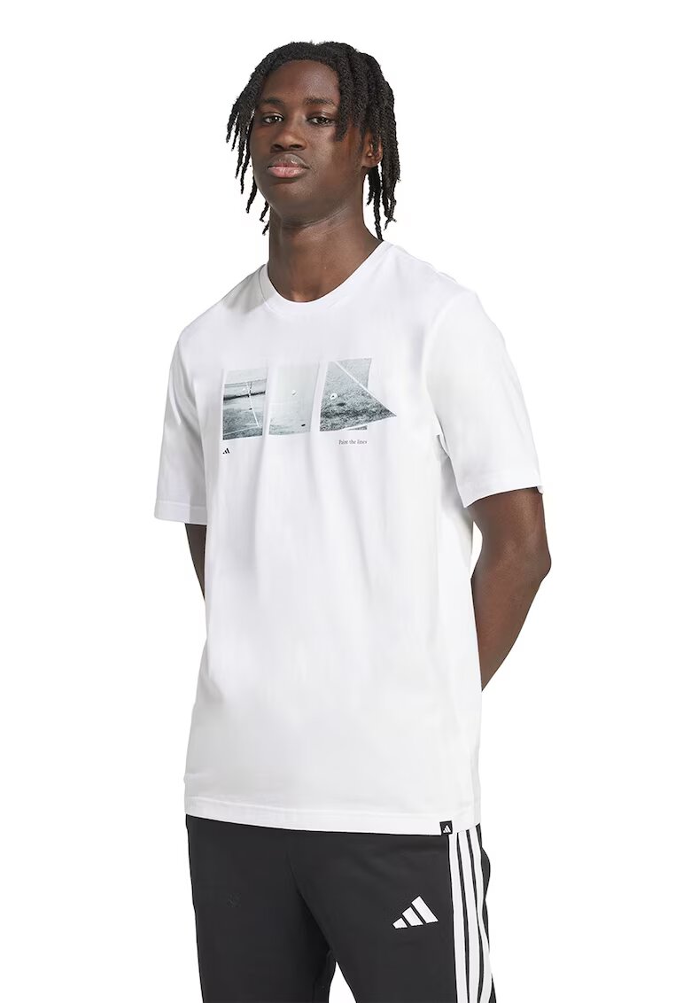 ADIDAS SPORTSWEAR Tricou cu decolteu la baza gatului si imprimeu foto - Negru stins/Alb optic/Albastru glaciar