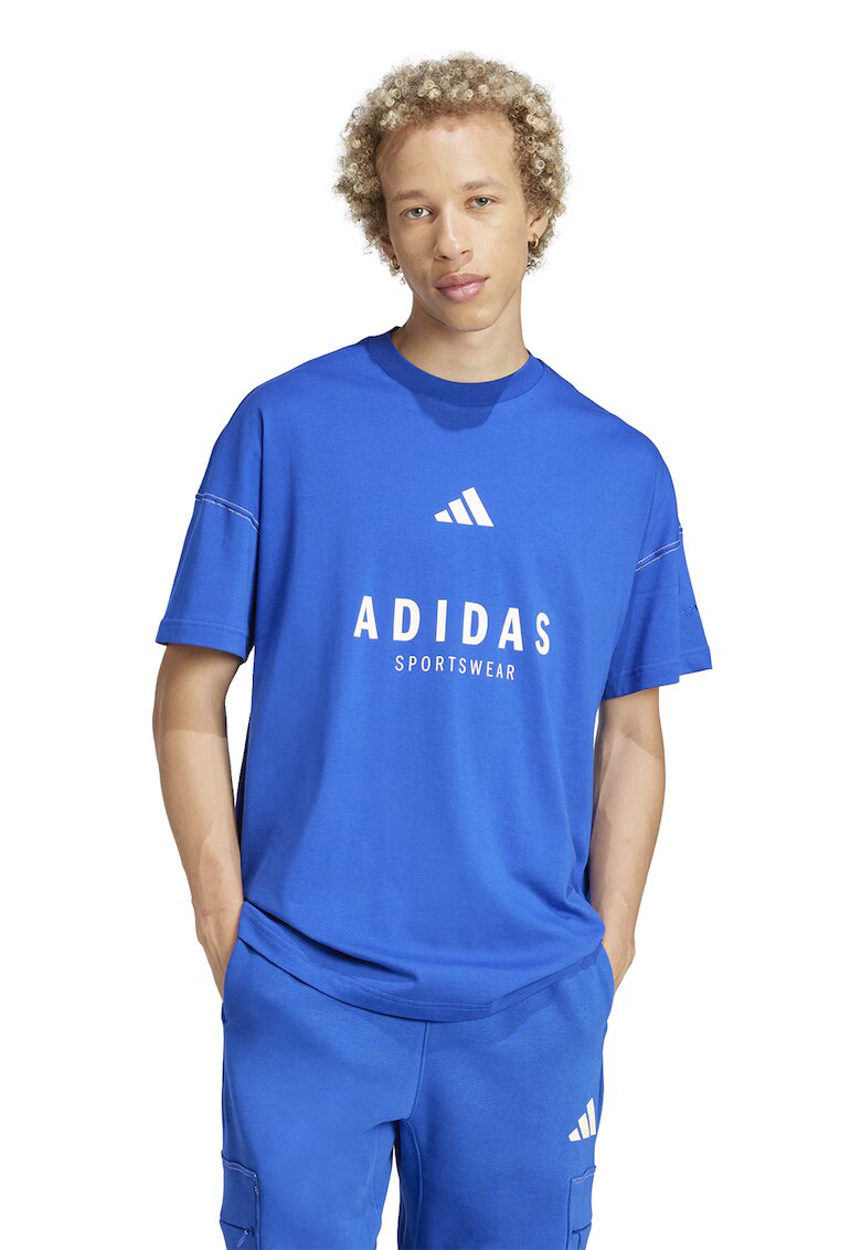 ADIDAS SPORTSWEAR Tricou cu decolteu la baza gatului si imprimeu logo - Albastru royal